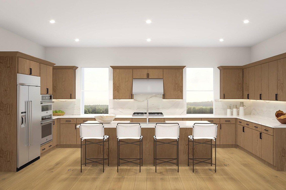  New Homes in San Francisco Bay Area. A bright kitchen with an island and white chairs. CROSSMAN-Bay Area, CA