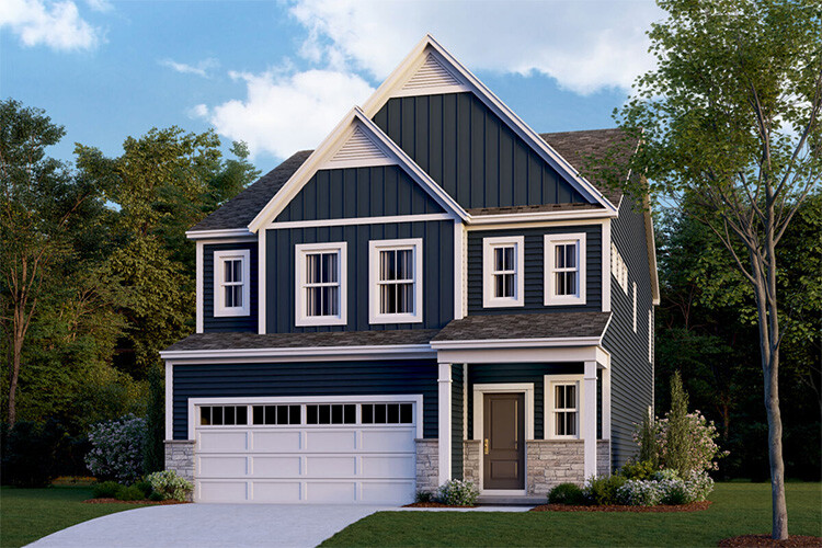 New build homes in Columbus. Darby Station. A grey house surrounded by trees.