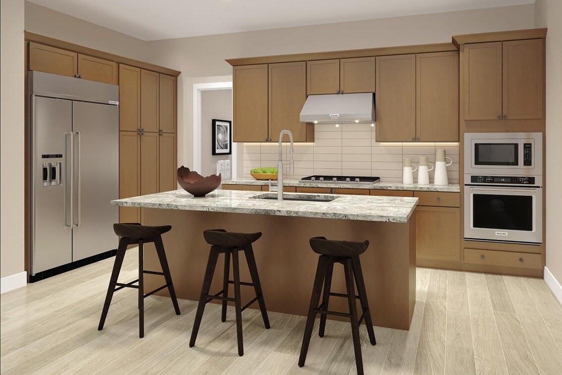  New Homes in San Francisco Bay Area. A kitchen with wood cabinets and an island. ENCINA-Bay Area, CA