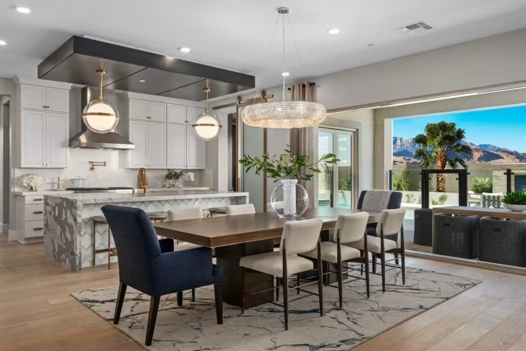 new homes in Las Vegas. An open concept home in Las Vegas. Kitchen and dining room. LUCERA-Las-Vegas