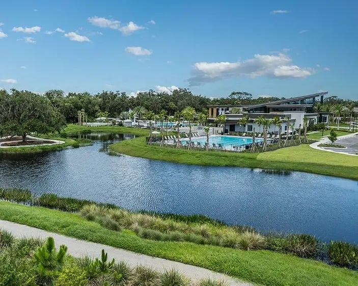 new home developments in sarasota, fl. View of a neighborhood with new homes from the water.