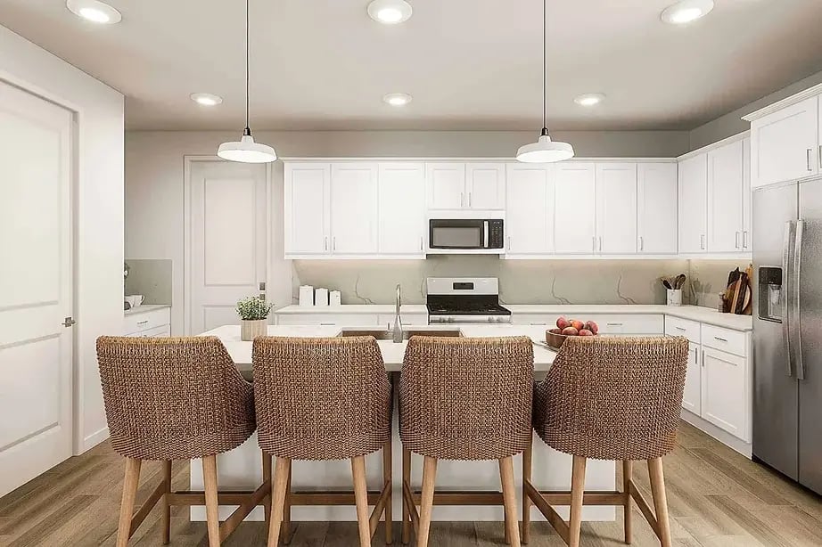 new homes in Antioch, CA. A bright white kitchen with appliances. PLAN 1-Antioch, CA