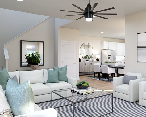 new homes for sale in Denver. A living room with couches, chairs and a ceiling fan. Plan 2-Denver, CO