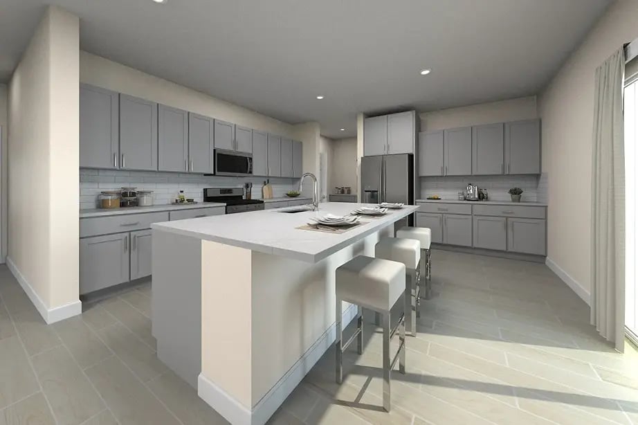 new homes in Antioch, CA. Side view of a modern white kitchen. RESIDENCE 4-Antioch, CA