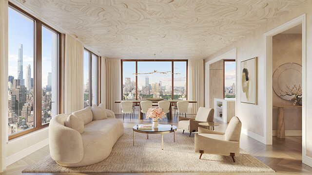 homes for sale in manhattan ny. A living room with white couch, white chairs and coffee table.