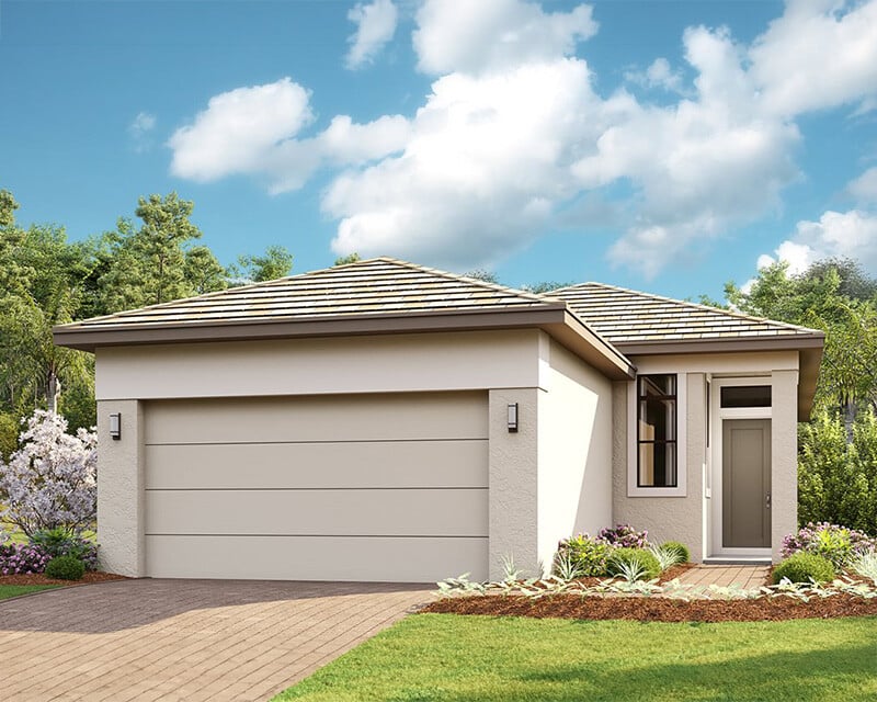 new homes in Port St. Lucie. A house with a driveway and manicured lawn. Allison