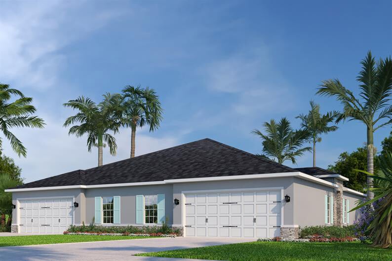 new homes in Port St. Lucie. A bungalow surrounded by palm trees. Central park villas